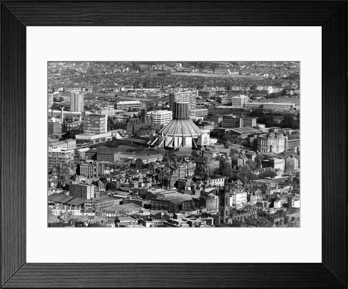 Framed Print : Aerial Views of Liverpool, Merseyside, 6th October 1987. Liverpool Metropolitan Cathedral