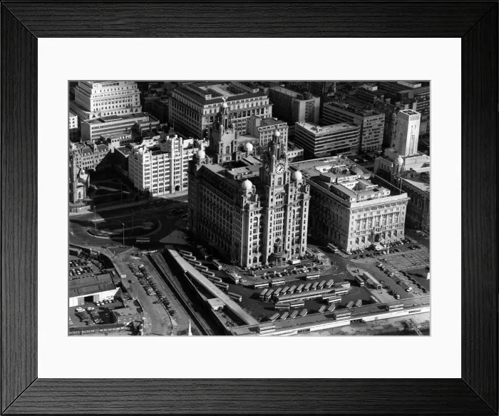 Framed Print : Aerial Views of Liverpool, Merseyside, 6th October 1987. Royal Liver Building