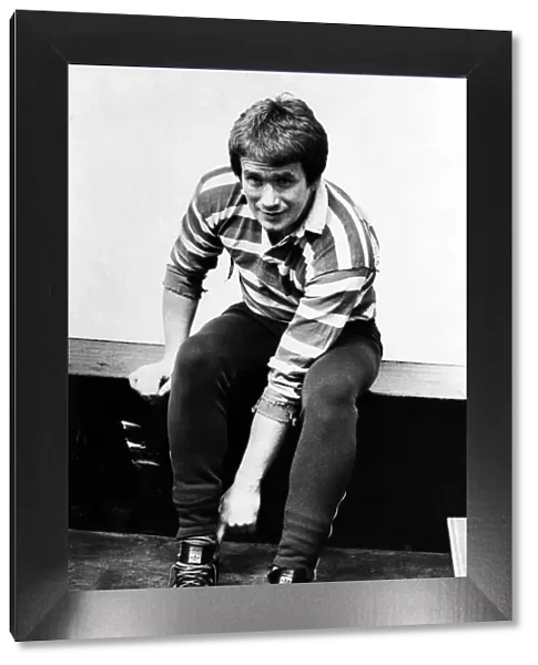 Alan Tovey, rugby player with Ebbw Vale RFC, pictured putting his shoes on. Circa 1977