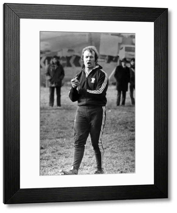 Framed Print : Welsh team coach John Lloyd, training at Bridgend in preparation for a match with Framed Print : Welsh team coach John Lloyd, training at Bridgend in preparation for a match with