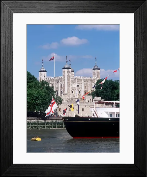 Framed Print : Tower of London and The Royal Yacht Britannia London, England Framed Print : Tower of London and The Royal Yacht Britannia London, England