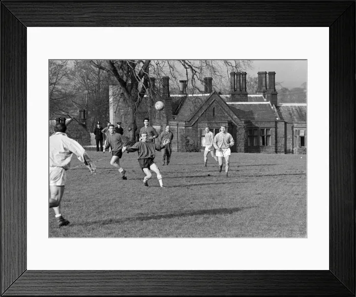 Framed Print : England team training session at Lea Green, Derbyshire. George Eastham heads Framed Print : England team training session at Lea Green, Derbyshire. George Eastham heads