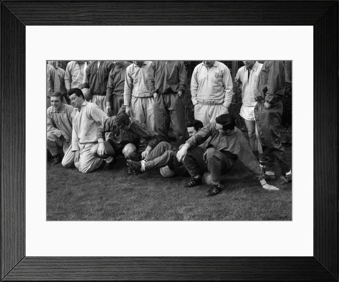 Framed Print : England team training session at Lea Green, Derbyshire. Jimmy Greaves fooling Framed Print : England team training session at Lea Green, Derbyshire. Jimmy Greaves fooling