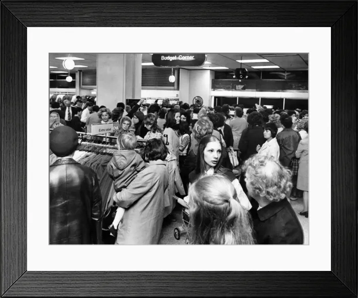 Framed Print : Crowds of people in the new C&A store on the day it opened. 19th July 1971 Framed Print : Crowds of people in the new C&A store on the day it opened. 19th July 1971
