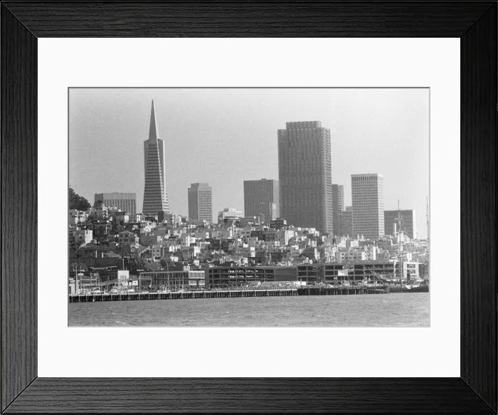 Framed Print : San Francisco skyline as seen from Alcatraz prison. The Transamerica Pyramid (left Framed Print : San Francisco skyline as seen from Alcatraz prison. The Transamerica Pyramid (left
