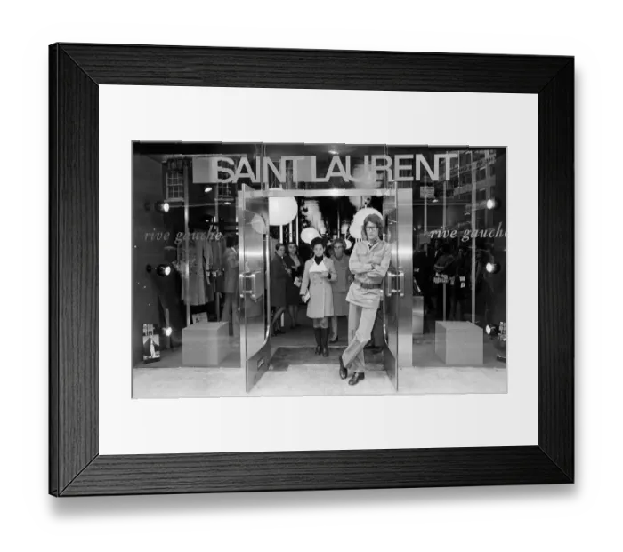Framed Print : Yves Saint Laurent, designer, pictured outside his first London Rive Gauche store on New
