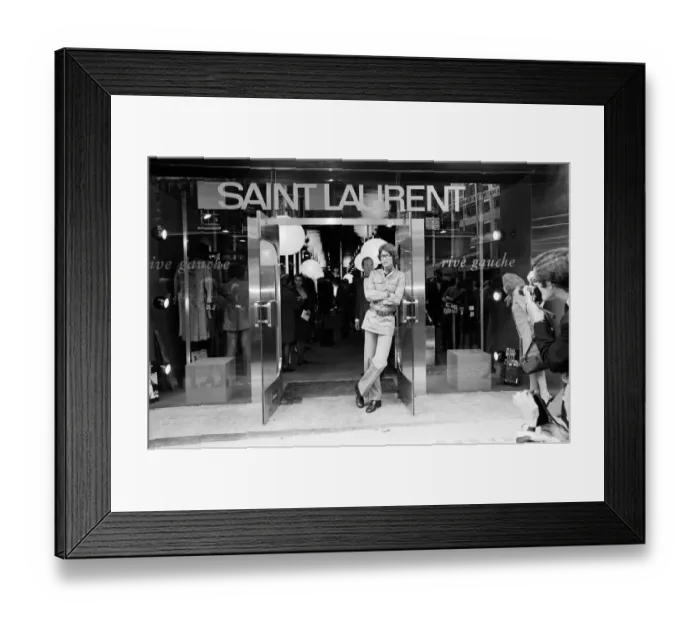 Framed Print : Yves Saint Laurent, designer, pictured outside his first London Rive Gauche store on New