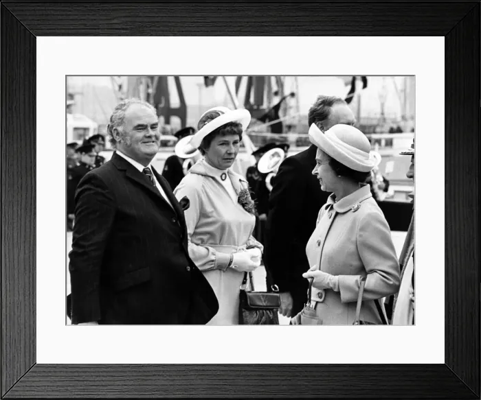 Framed Print : During her time at Tees Dock, the Queen has a chat with Langbaurgh Council leader