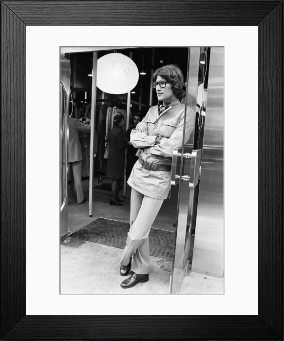 Framed Print : Yves Saint Laurent, designer, pictured outside his first London Rive Gauche store on New Framed Print : Yves Saint Laurent, designer, pictured outside his first London Rive Gauche store on New