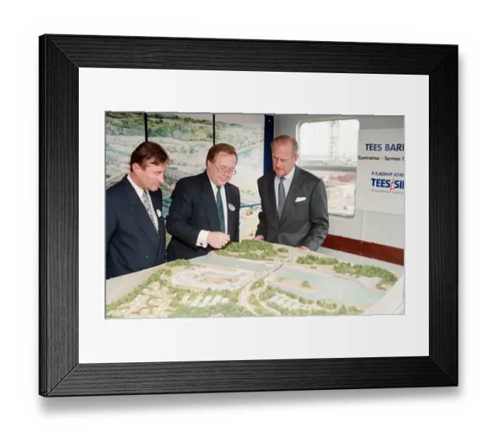 Framed Print : Prince Philip visiting Tees Barrage, looking at a model of Tees Barrage. 18th May 1993