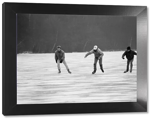 Ice Skating on frozen lake, Sutton Park, Birmingham, England, 17th February 1986