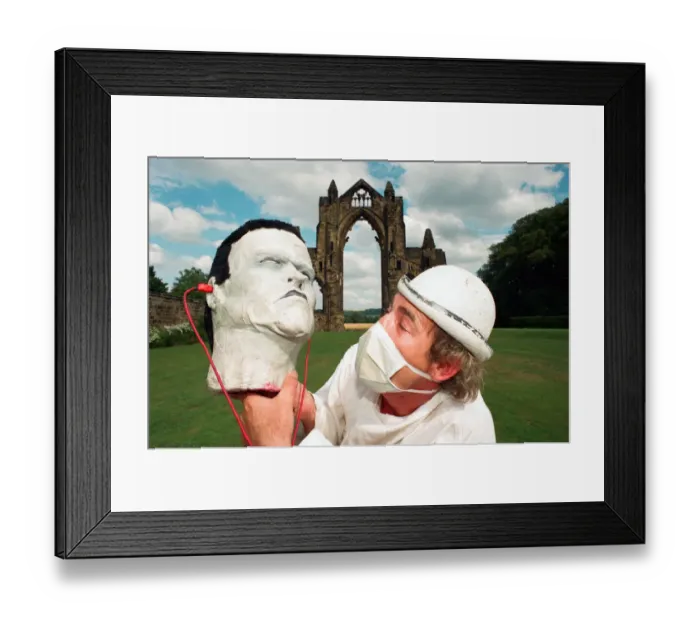 Framed Print : Photocall for Frankenstein at Gisborough Priory, performer Miklos Menis as Dr