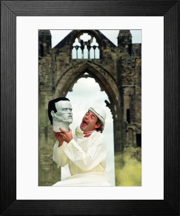 Framed Print : Photocall for Frankenstein at Gisborough Priory, performer Miklos Menis as Dr Framed Print : Photocall for Frankenstein at Gisborough Priory, performer Miklos Menis as Dr