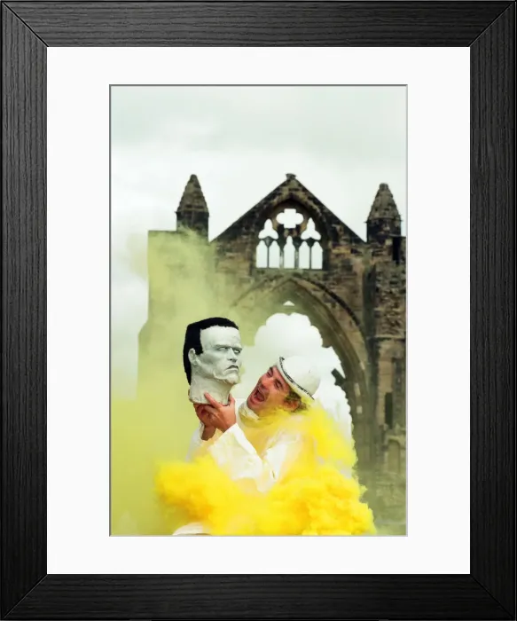 Framed Print : Photocall for Frankenstein at Gisborough Priory, performer Miklos Menis as Dr Framed Print : Photocall for Frankenstein at Gisborough Priory, performer Miklos Menis as Dr