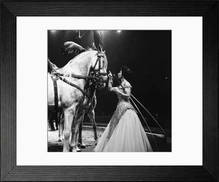 Framed Print : Bertram Mills Circus, a woman who performs with horses. 19th December 1958 Framed Print : Bertram Mills Circus, a woman who performs with horses. 19th December 1958