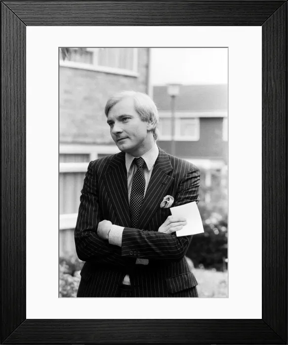 Framed Print : Harvey Proctor, 34 year old MP for Basildon, Essex, talking to reporters outside his home Framed Print : Harvey Proctor, 34 year old MP for Basildon, Essex, talking to reporters outside his home