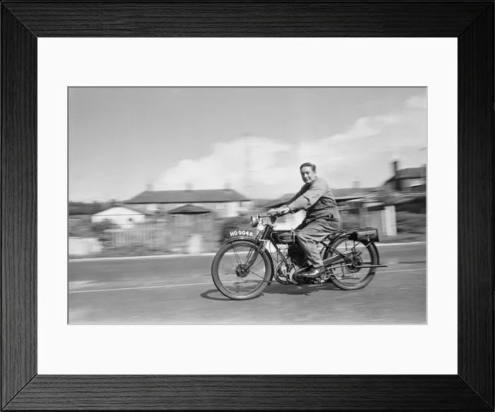 Framed Print : A vintage motorbike enthusiast out for a Sunday ride on his 1928 AJS Motorcycle