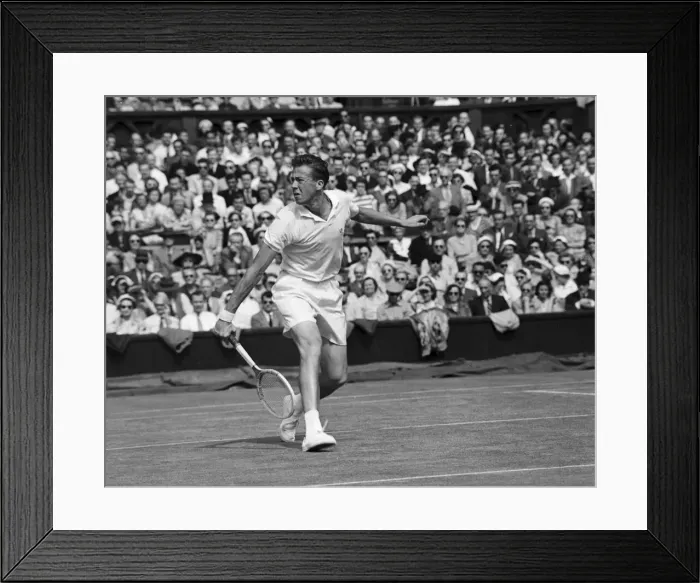 Framed Print : Mens Singles action during the Wimbledon Lawn Tennis Championships. June 1953 Framed Print : Mens Singles action during the Wimbledon Lawn Tennis Championships. June 1953