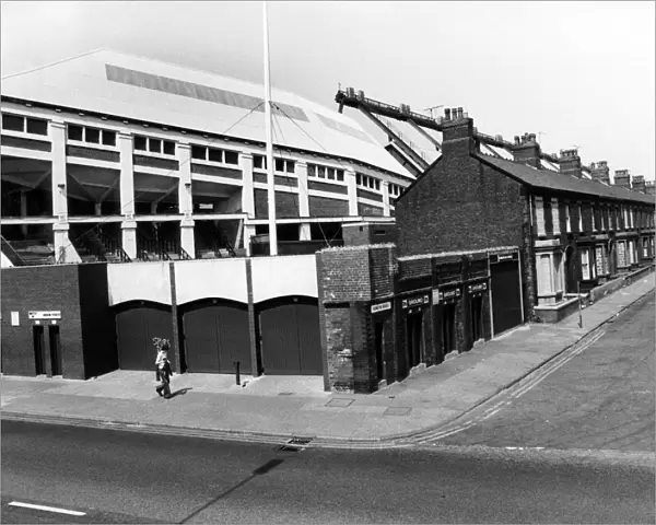Exterior of Anfield football stadium, home to Liverpool Football Club, Merseyside