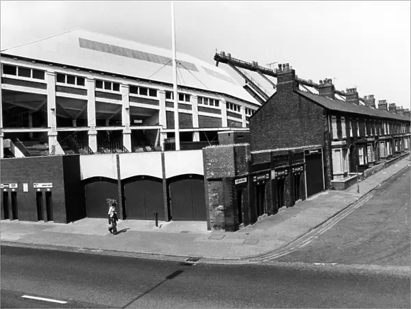 Exterior of Anfield football stadium, home to Liverpool Football Club, Merseyside