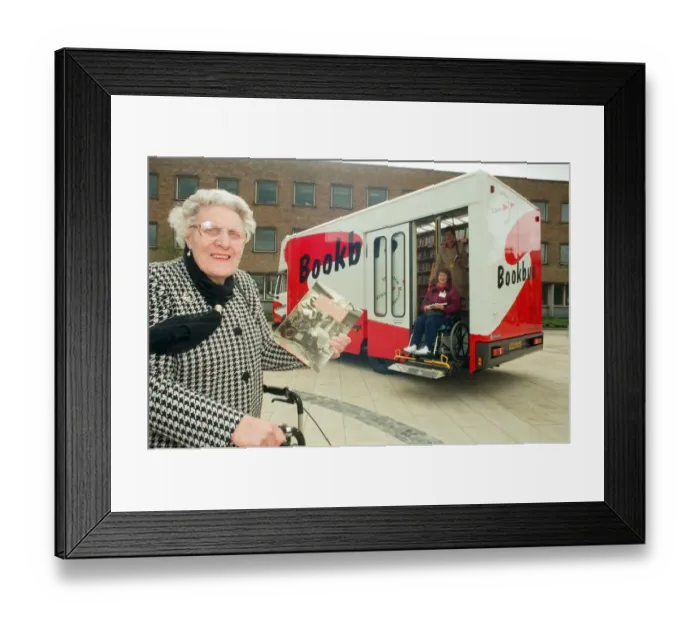 Framed Print : Eva Sharp with the first book from the new Book Bus, launched in Stockton Framed Print : Eva Sharp with the first book from the new Book Bus, launched in Stockton