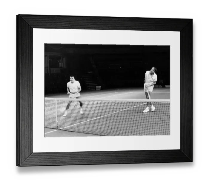 Framed Print : Singer Tony Bennett (left) partners tennis star Pancho Gonzales in a knock-up Framed Print : Singer Tony Bennett (left) partners tennis star Pancho Gonzales in a knock-up