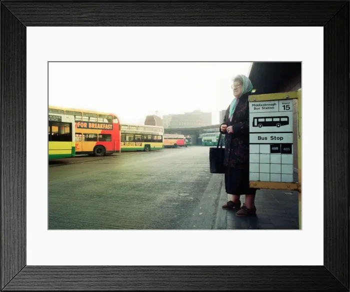 Framed Print : Pensioner, Mary Foster, waits for a bus, Middlesbrough Bus Station, 19th February 1994 Framed Print : Pensioner, Mary Foster, waits for a bus, Middlesbrough Bus Station, 19th February 1994