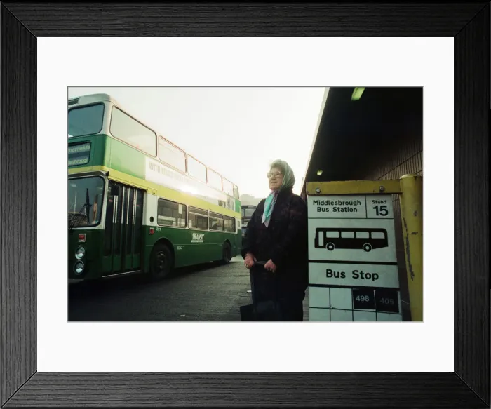 Framed Print : Pensioner, Mary Foster, waits for a bus, Middlesbrough Bus Station, 19th February 1994 Framed Print : Pensioner, Mary Foster, waits for a bus, Middlesbrough Bus Station, 19th February 1994