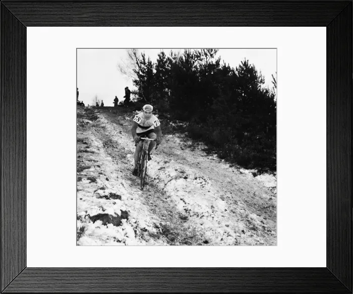 Framed Print : Bagshot Cyclist scramble on Bagshot Heath Surrey. 17th January 1960 Framed Print : Bagshot Cyclist scramble on Bagshot Heath Surrey. 17th January 1960