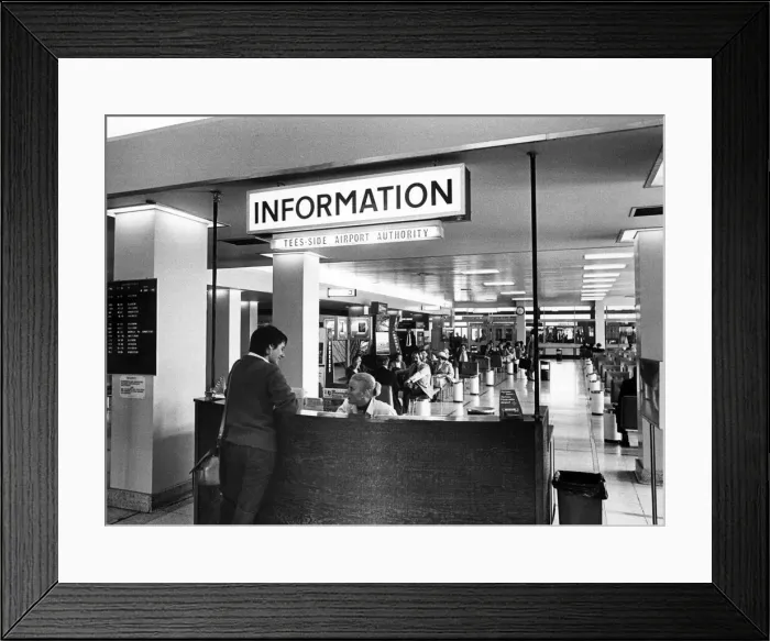 Framed Print : Teesside Airport information desk. 10th June 1980 Framed Print : Teesside Airport information desk. 10th June 1980