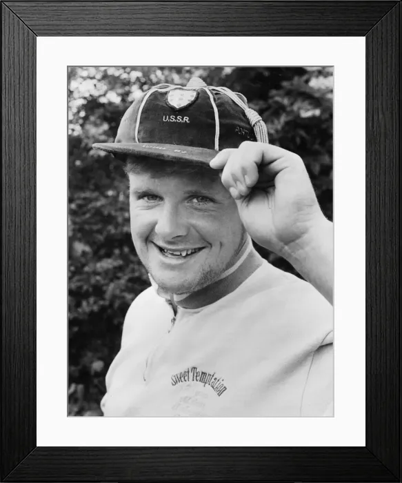 Framed Print : Paul Gascoigne proudly displays one of his under 21 caps as well as a touch of designer Framed Print : Paul Gascoigne proudly displays one of his under 21 caps as well as a touch of designer