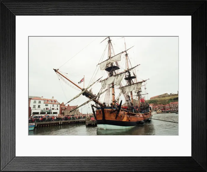 Framed Print : Replica of HMS Endeavour, Whitby, North Yorkshire, England, 21st October 1997 Framed Print : Replica of HMS Endeavour, Whitby, North Yorkshire, England, 21st October 1997