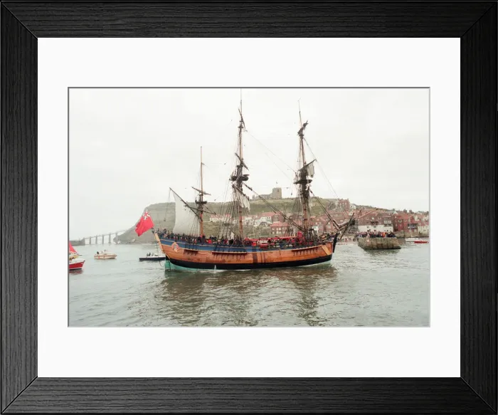 Framed Print : Replica of HMS Endeavour, Whitby, North Yorkshire, England, 21st October 1997 Framed Print : Replica of HMS Endeavour, Whitby, North Yorkshire, England, 21st October 1997
