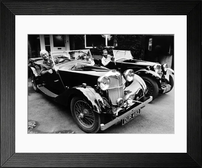 Framed Print : Riley Lynx sports car owners (left to right) Mr Wiles and Mr Cox. 23rd July 1985 Framed Print : Riley Lynx sports car owners (left to right) Mr Wiles and Mr Cox. 23rd July 1985