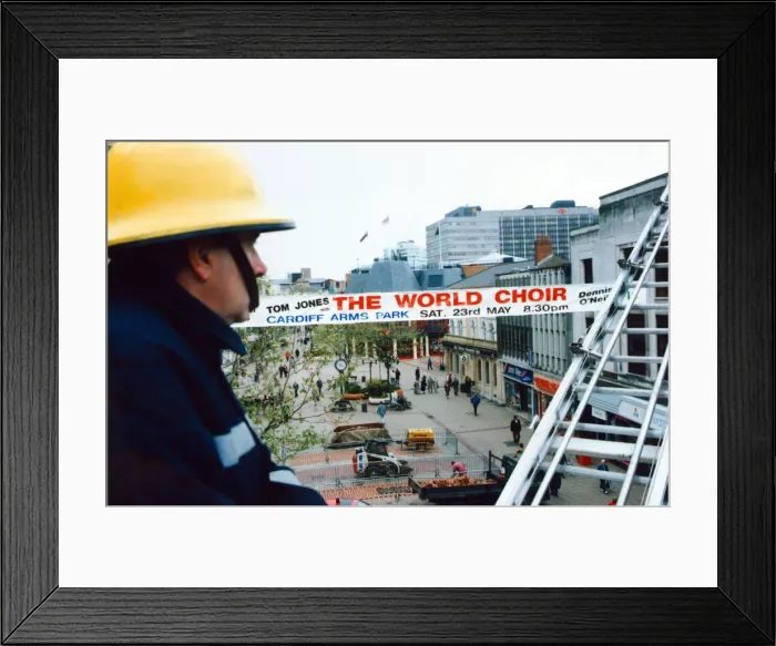 Framed Print : Banner advertising the Cor World Choir concert at Cardiff Arms Park, May 1992 Framed Print : Banner advertising the Cor World Choir concert at Cardiff Arms Park, May 1992