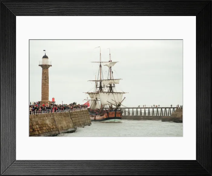 Framed Print : Replica of HMS Endeavour, Whitby, North Yorkshire, England, 21st October 1997