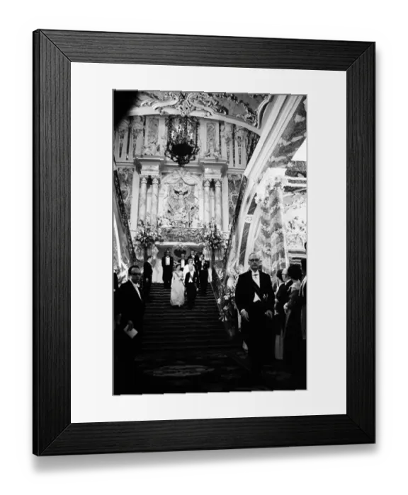 Framed Print : Queen Elizabeth II leading a procession down the fantastic staircase of Augustusburg Framed Print : Queen Elizabeth II leading a procession down the fantastic staircase of Augustusburg