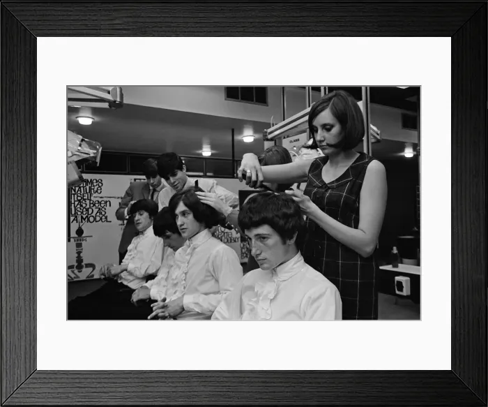 Framed Print : Members of the British pop group The Kinks having their hair styled at a salon Framed Print : Members of the British pop group The Kinks having their hair styled at a salon