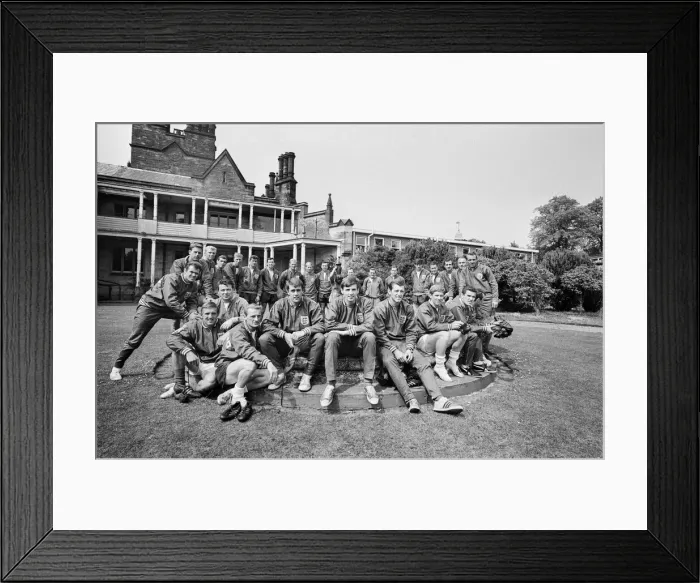 Framed Print : The England national team squad pose at Lilleshall before a training session in