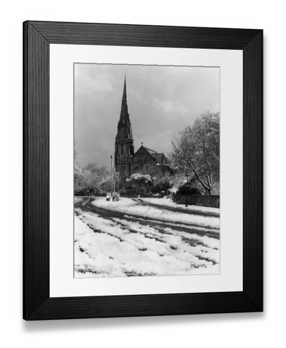 Framed Print : View of Sefton Park Church in Liverpool after a snowfall. January 1950 Framed Print : View of Sefton Park Church in Liverpool after a snowfall. January 1950
