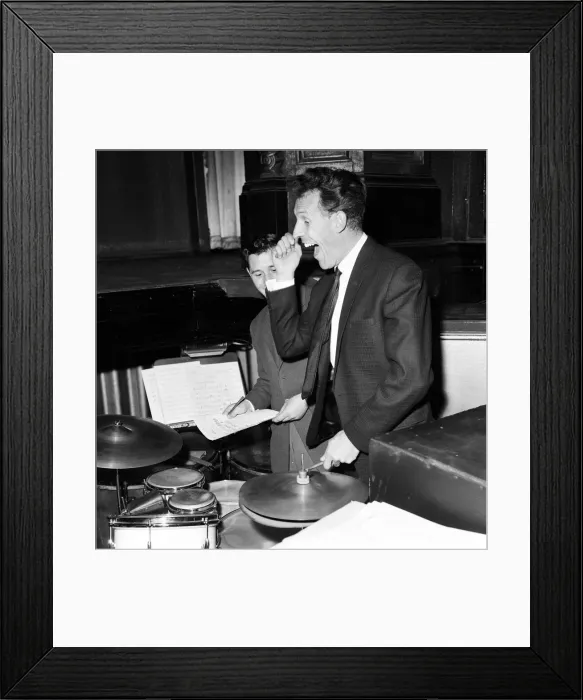 Framed Print : Bruce Forsyth at The Royal Variety show rehearsal, playing the drums which are part of Framed Print : Bruce Forsyth at The Royal Variety show rehearsal, playing the drums which are part of