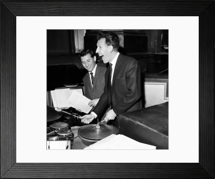 Framed Print : Bruce Forsyth at The Royal Variety show rehearsal, playing the drums which are part of Framed Print : Bruce Forsyth at The Royal Variety show rehearsal, playing the drums which are part of