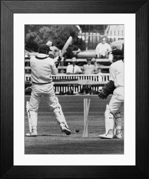 Framed Print : England test trial at Worcester. (Picture) David Lloyd tries a big hit to leg off Framed Print : England test trial at Worcester. (Picture) David Lloyd tries a big hit to leg off
