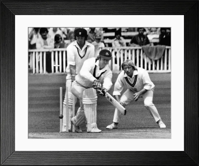 Framed Print : England test trial at Worcester. (Picture) David Lloyd tries a big hit to leg off Framed Print : England test trial at Worcester. (Picture) David Lloyd tries a big hit to leg off
