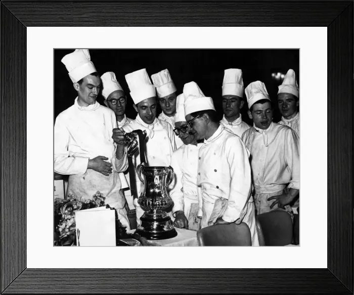 Framed Print : Chefs and Kitchen Staff admire the FC Cup at Villa Park Framed Print : Chefs and Kitchen Staff admire the FC Cup at Villa Park