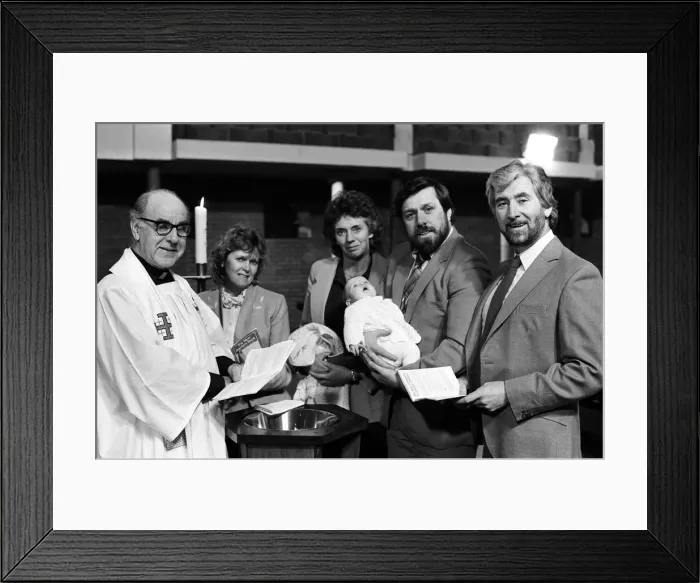 Framed Print : The filming of a christening scene for Brookside, March 1985 Framed Print : The filming of a christening scene for Brookside, March 1985