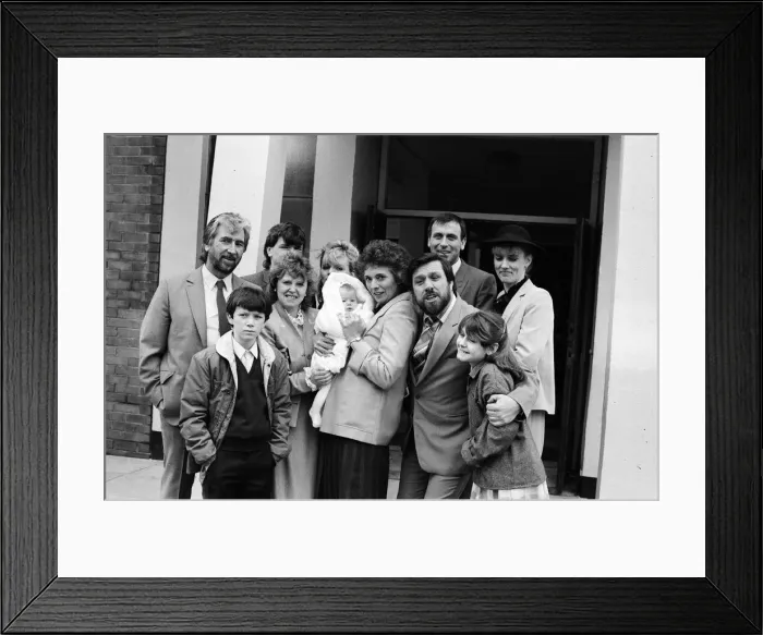 Framed Print : The filming of a christening scene for Brookside, March 1985 Framed Print : The filming of a christening scene for Brookside, March 1985