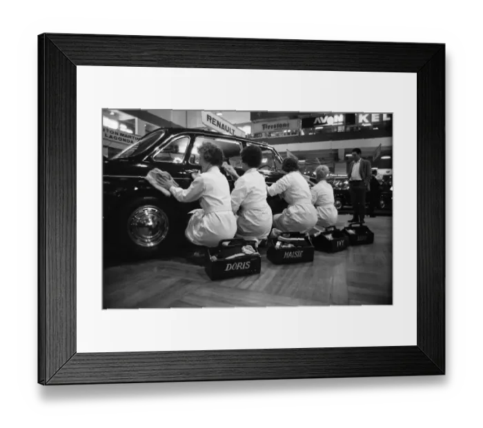 Framed Print : Four cleaning ladies polishing up one of the motors at the Earls Court Motor show Framed Print : Four cleaning ladies polishing up one of the motors at the Earls Court Motor show