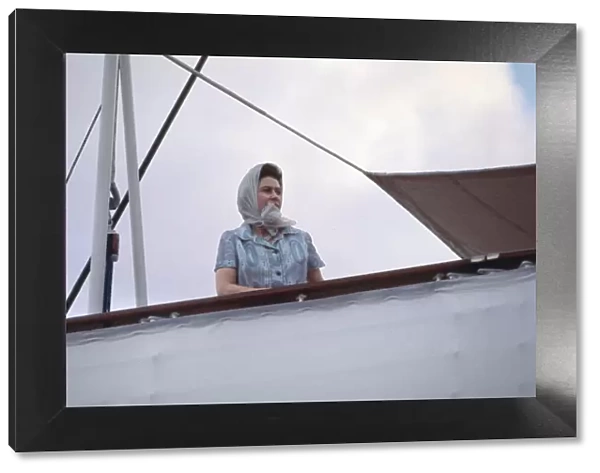 Queen Elizabeth II aboard The Royal Yacht Britannia on her Royal Jubilee Tour of Western