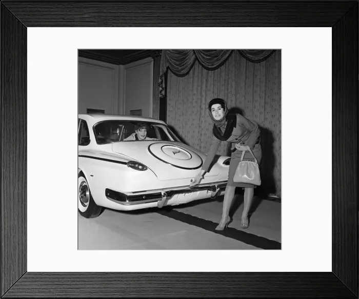 Framed Print : Model with the new Chrysler Valient at the Earls Court Motor show Framed Print : Model with the new Chrysler Valient at the Earls Court Motor show